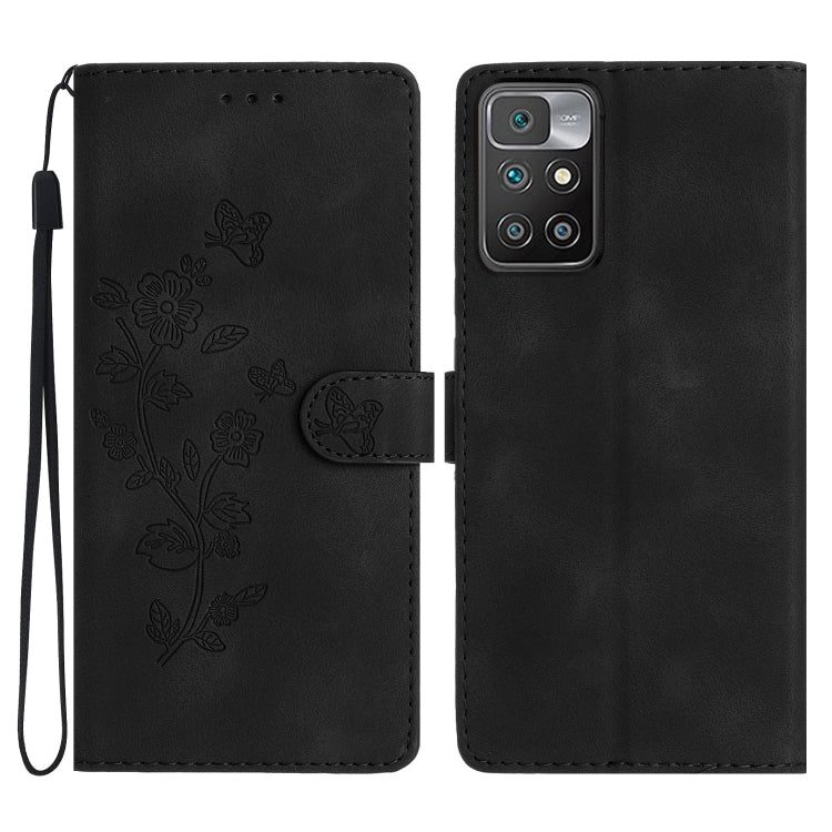 Black leather folio phone case with embossed flower and butterfly pattern