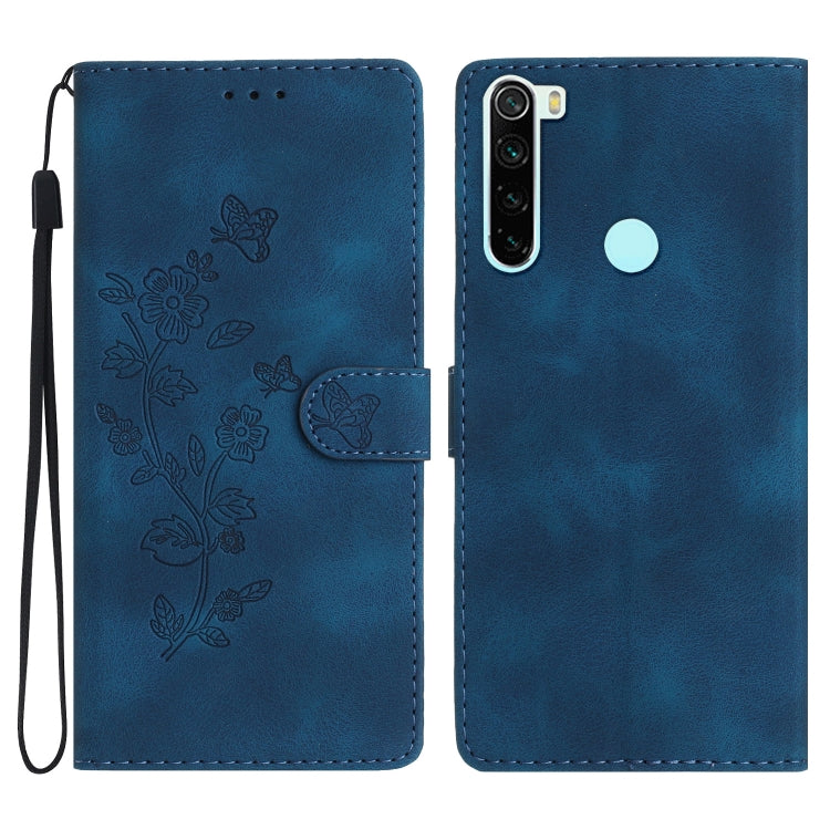 Blue leather folio phone case with embossed flowers and butterfly, card slot and wrist strap