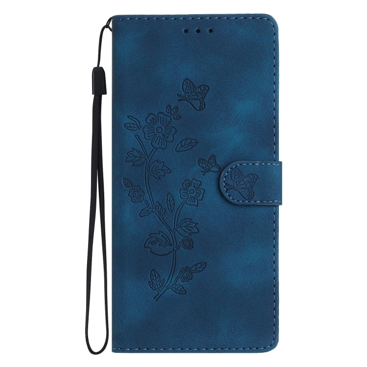 Blue leather folio phone case with embossed floral and butterfly pattern, side button flap