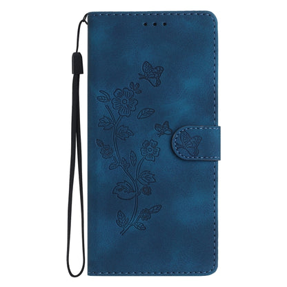 Blue leather folio phone case with embossed floral and butterfly pattern, side button flap