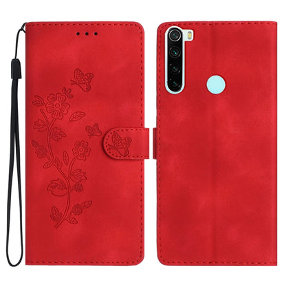Red leather folio phone case with embossed flowers and butterfly, card slot and wrist strap