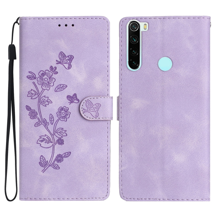 Lavender leather flip phone case for Xiaomi Redmi Note 8T, embossed flowers and butterflies