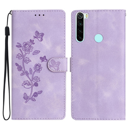 Lavender leather flip phone case for Xiaomi Redmi Note 8T, embossed flowers and butterflies
