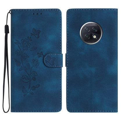 Blue leather phone wallet case with embossed flowers and butterflies, flip cover and camera cutout