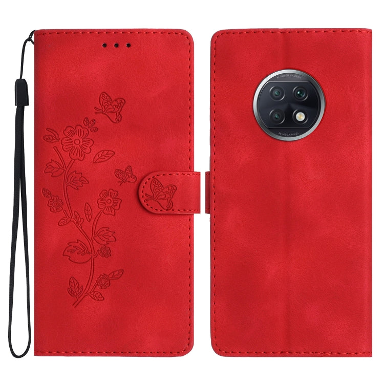 Red leather phone wallet case with embossed flowers and butterflies, flip cover and camera cutout