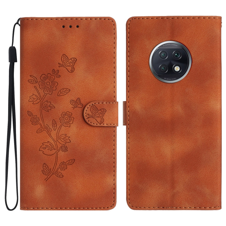 Brown leather phone wallet case with embossed flowers and butterflies, flip cover and camera cutout