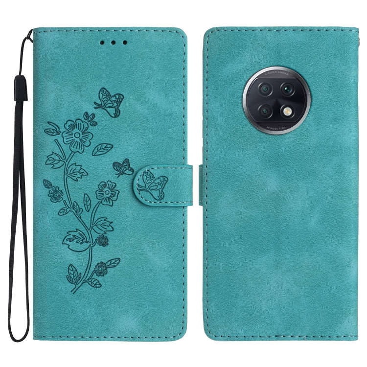 Sky blue leather phone wallet case with embossed flowers and butterflies, flip cover and camera cutout