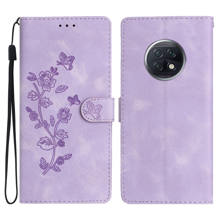 Purple leather phone wallet case with embossed flowers and butterflies, flip cover and camera cutout