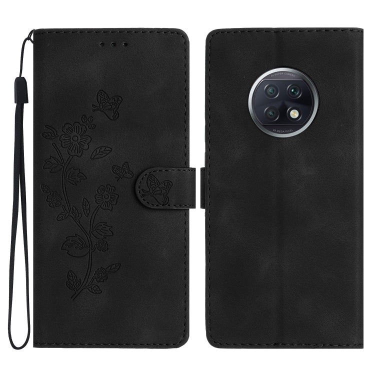 Black leather phone wallet case with embossed flowers and butterflies, flip cover and camera cutout