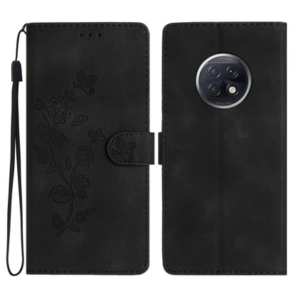 Black leather phone wallet case with embossed flowers and butterflies, flip cover and camera cutout