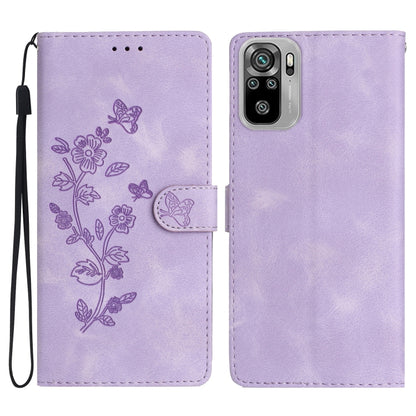 Purple flip wallet phone case with embossed butterflies and flowers, with wrist strap