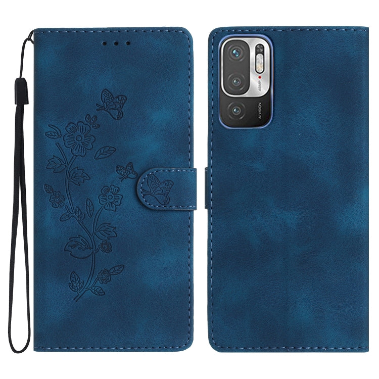 Blue leather folio phone case with embossed flower and butterfly pattern, card slot flap