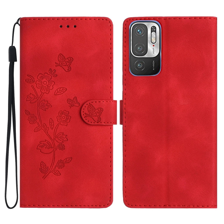 Red leather folio phone case with embossed flower and butterfly pattern, card slot flap