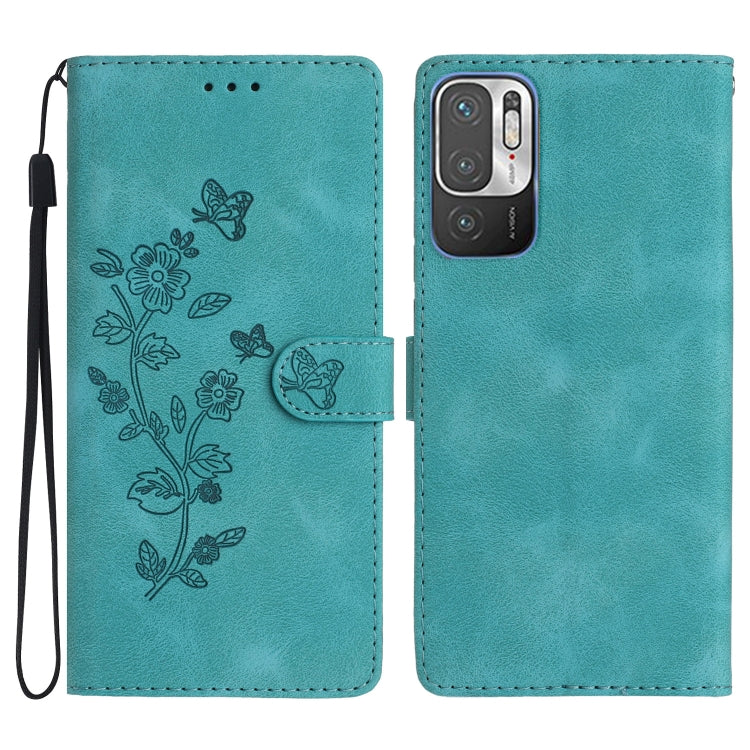 Sky blue leather folio phone case with embossed flower and butterfly pattern, card slot flap