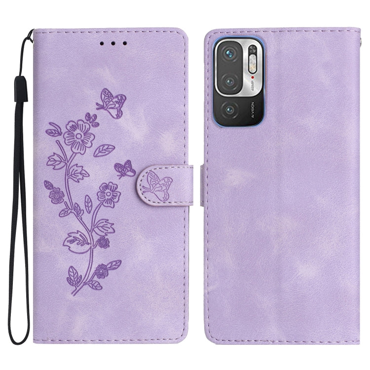 Purple leather wallet phone case with embossed flower-and-butterfly pattern and wrist strap