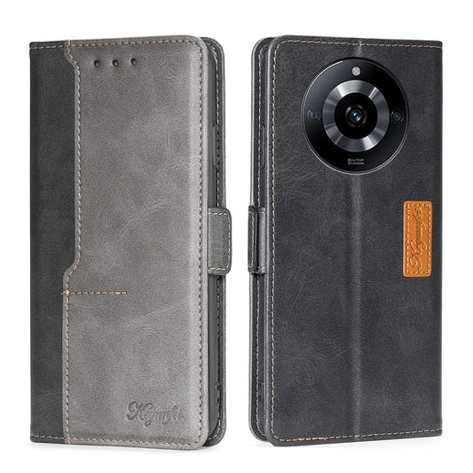 Leather flip phone case with gray interior and side buckle strap, rear camera cutout