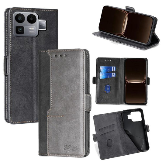 Leather phone wallet case with side buckle, flip cover, contrast stitching, card slots
