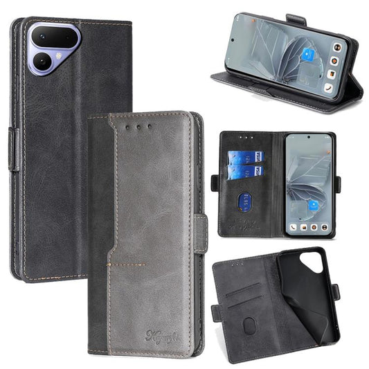 Leather wallet phone case with contrast black and gray, card slots and side buckle