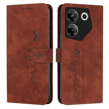Brown leather-effect wallet phone case with heart pattern, flip cover, stitched seams.