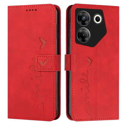 Red leather-effect wallet phone case with heart pattern, flip cover, camera opening.