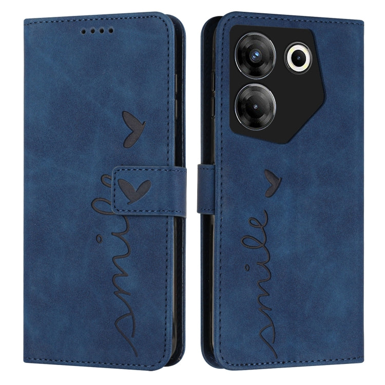 Blue leather-effect wallet phone case with heart pattern, flip cover, camera cutout.