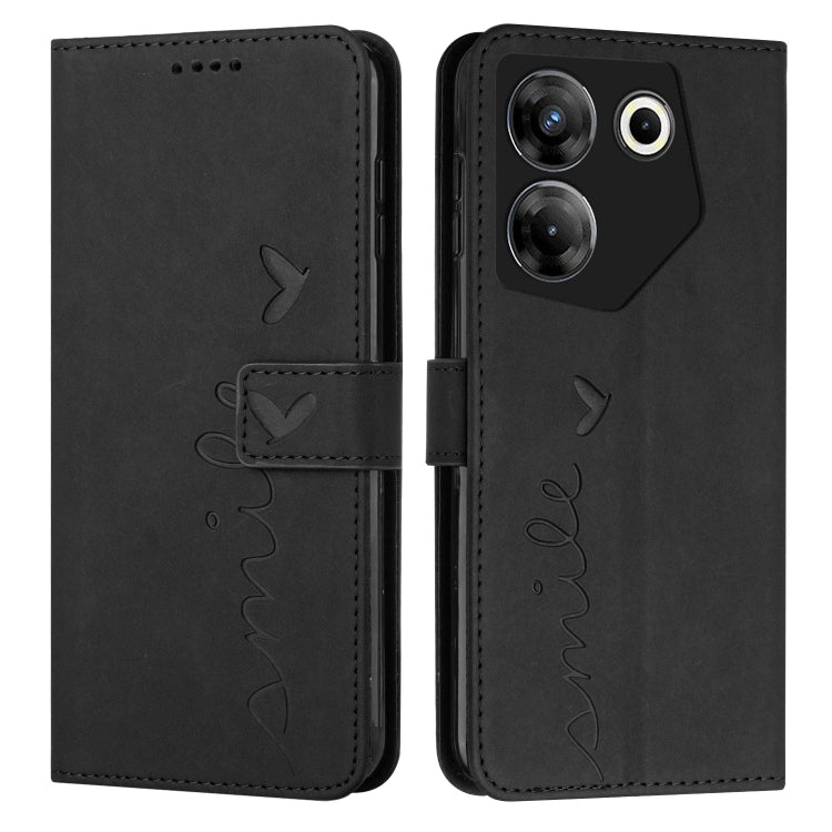 Black leather phone case with heart and butterfly motifs, flip cover and camera openings