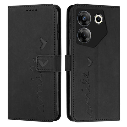 Black leather phone case with heart and butterfly motifs, flip cover and camera openings