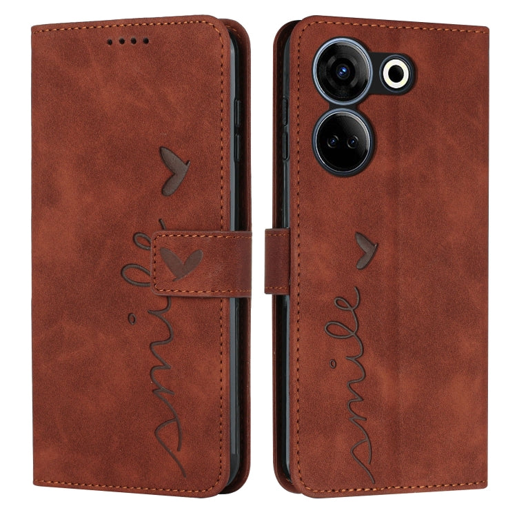 Brown leather phone case with heart and butterfly motifs, flip cover and camera openings