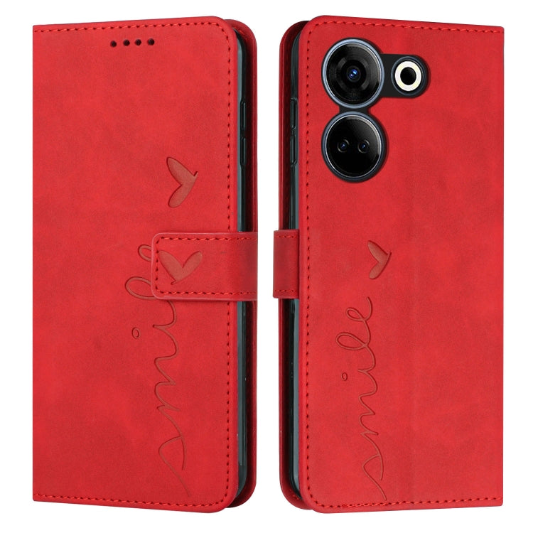 Red leather phone case with heart and butterfly motifs, flip cover and camera openings