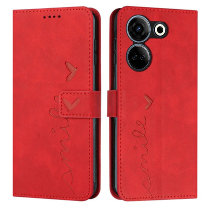 Red leather phone case with heart and butterfly motifs, flip cover and camera openings