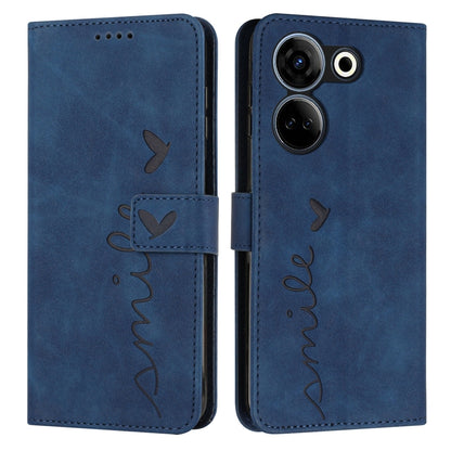 Blue leather phone case with heart pattern and side strap, flip cover and camera openings