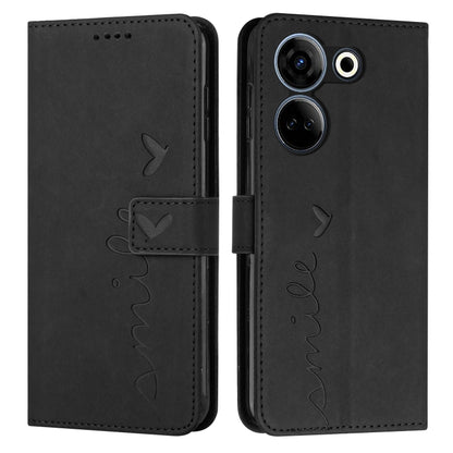 Black leather phone case with heart and butterfly motifs, flip cover and camera openings