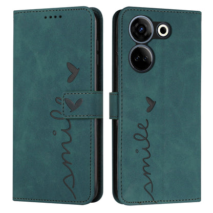 Teal leather phone case with heart pattern and side strap, flip cover and camera openings