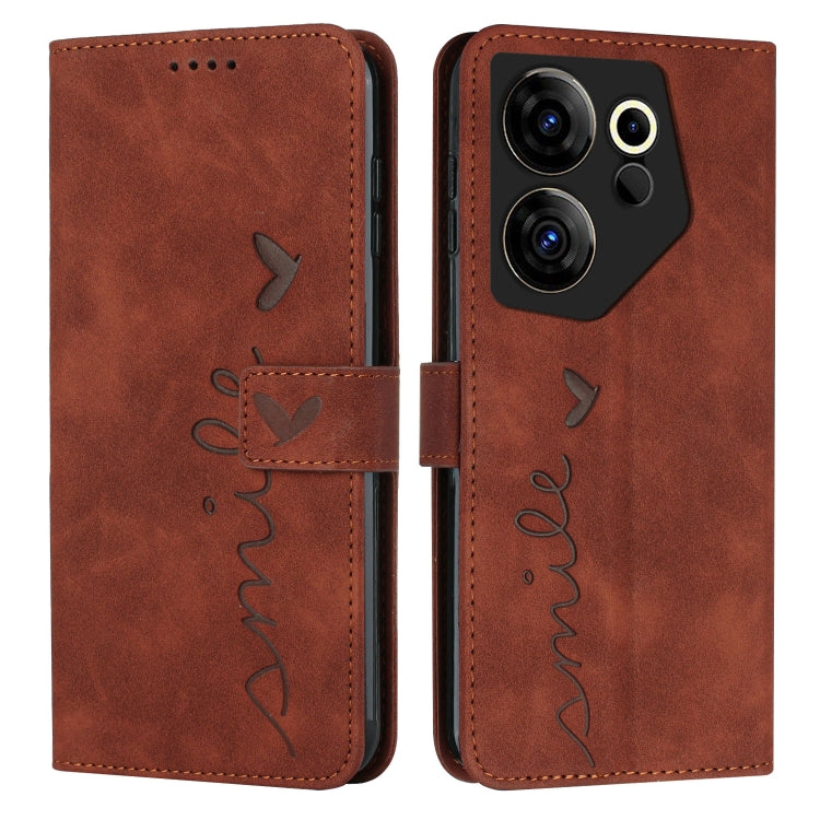 Brown leather folio phone case with heart motif and stitched strap closure