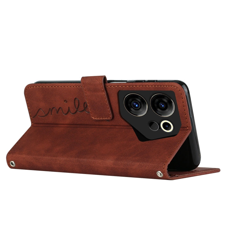 Brown leather wallet-style phone case with heart motif and camera cutout