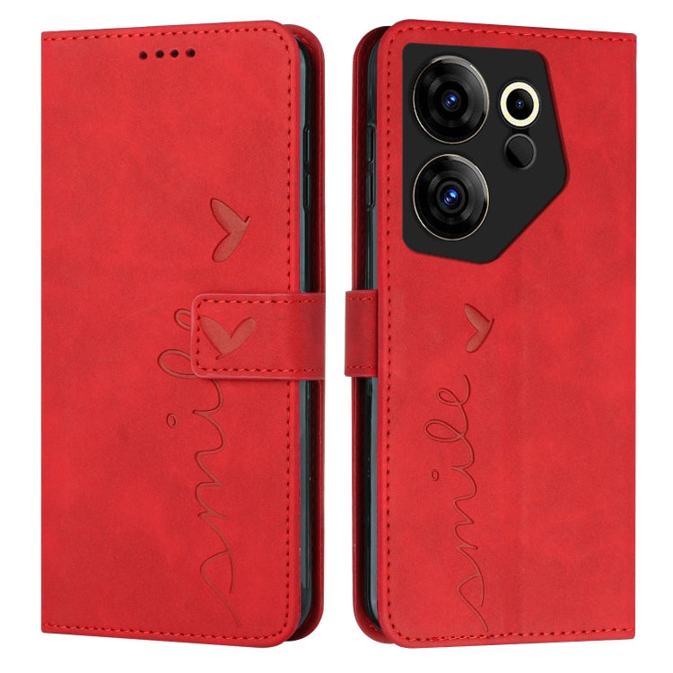 Red leather folio phone case with heart motif and camera cutout on back