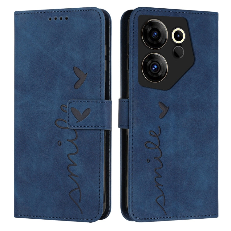 Blue leather-effect wallet phone case with heart pattern, flip cover, cutouts.