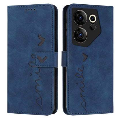 Blue leather-effect wallet phone case with heart pattern, flip cover, cutouts.