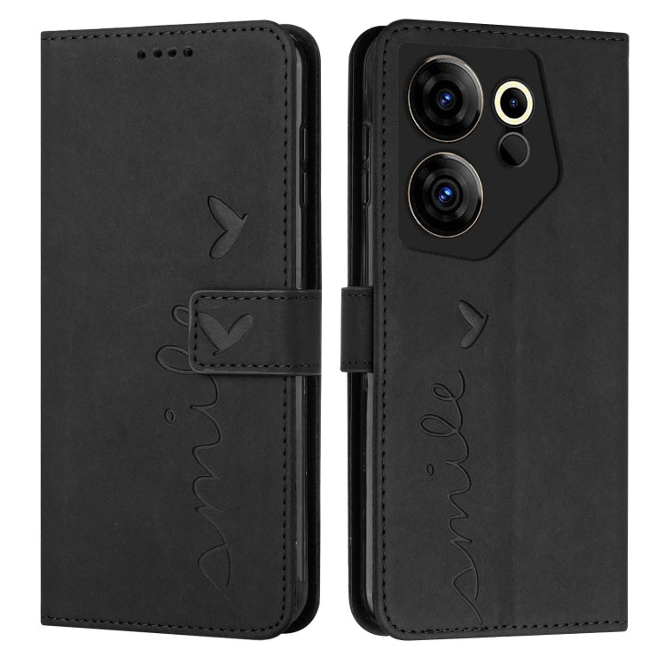 Black leather-effect wallet phone case, heart motif, flip cover with camera opening.