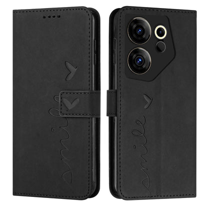 Black leather-effect wallet phone case, heart motif, flip cover with camera opening.