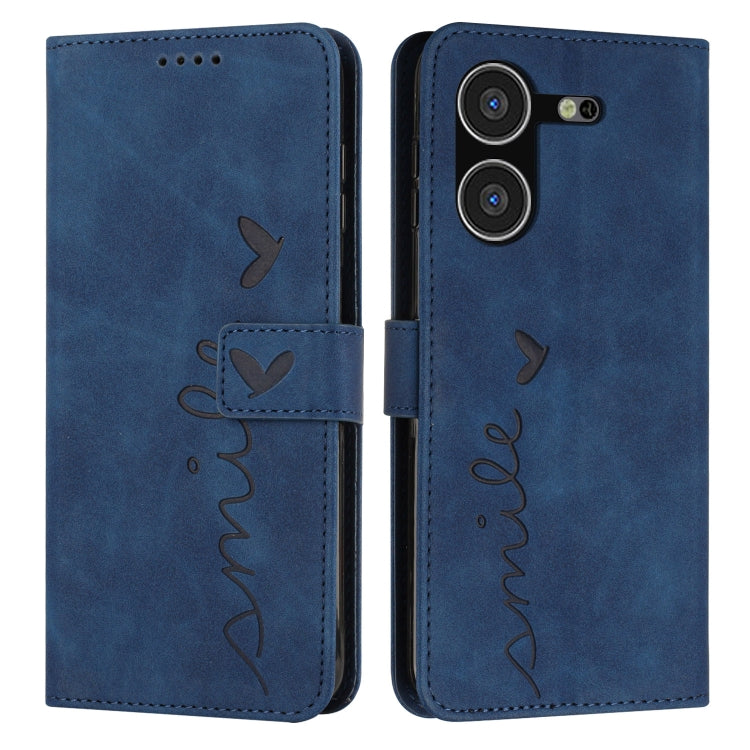 Blue leather phone case with heart and butterfly pattern, flip cover and camera openings