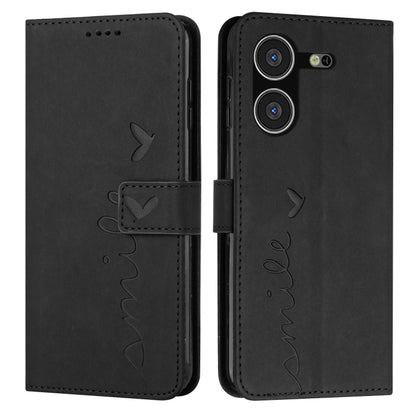 Black leather phone case with heart pattern and side strap, flip cover and camera openings