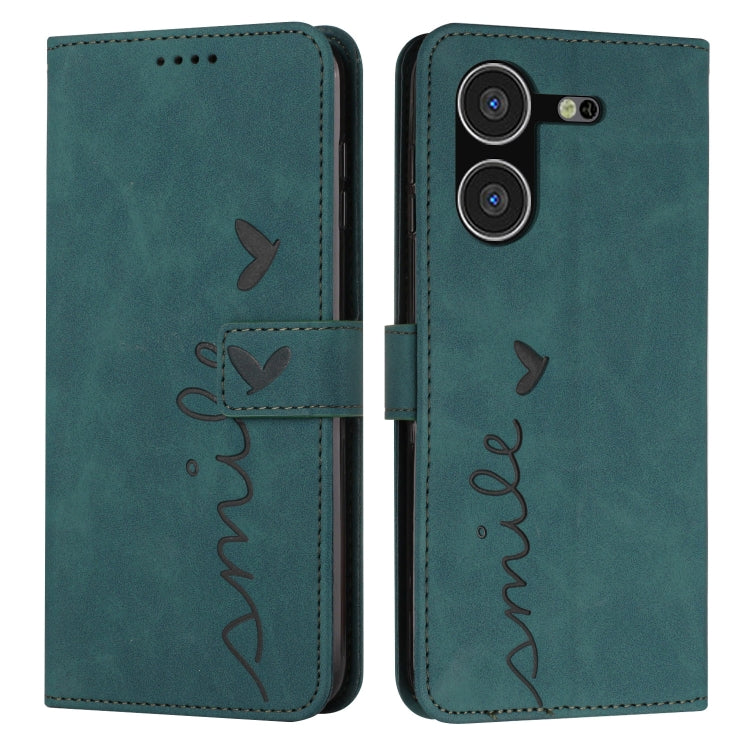 Teal leather phone case with heart pattern, flip cover and camera openings