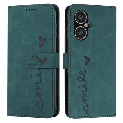 Teal leather-effect wallet phone case with heart pattern and flip cover, stitched edges.