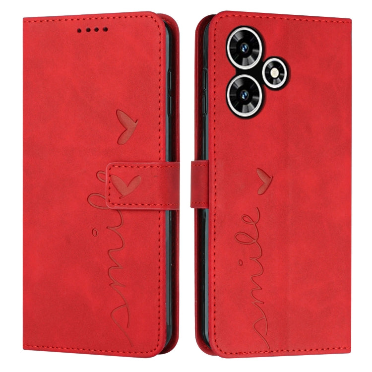 Red faux leather flip phone case with heart pattern and camera lens cutouts