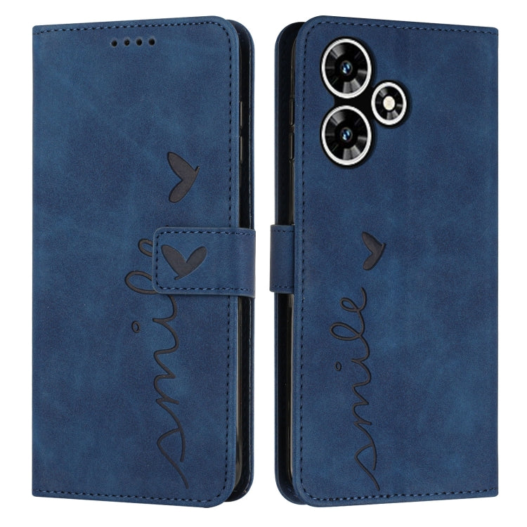 Blue faux leather flip phone case with heart pattern and circular camera cutouts