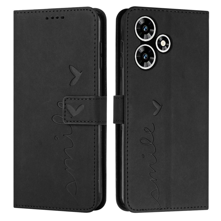 Black leather flip phone case with heart pattern stitching and camera cutout