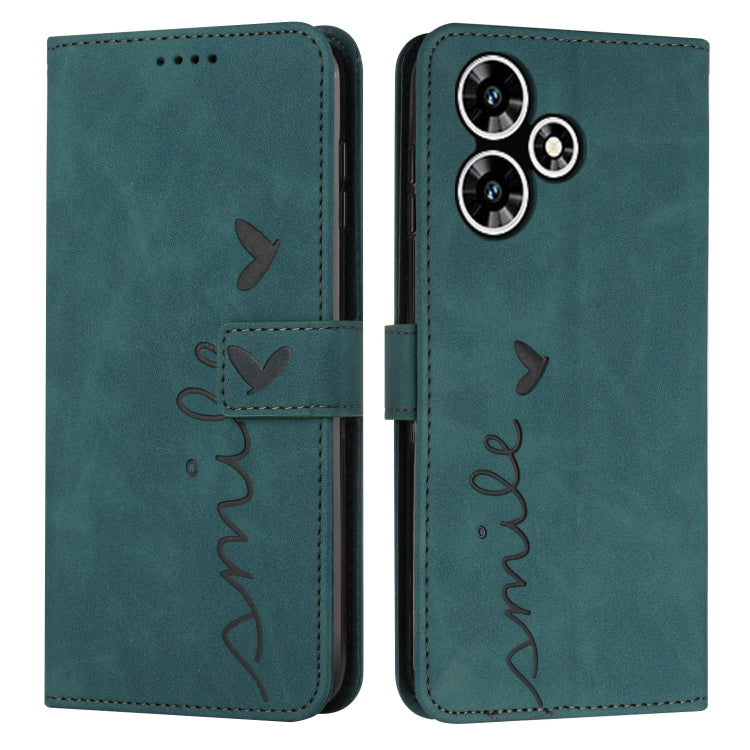 Teal leather flip phone case with heart pattern stitching and camera cutout