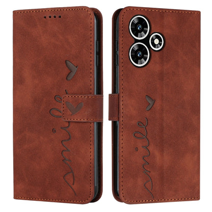 Brown leather flip phone case with heart pattern, stitched pockets, and magnetic strap