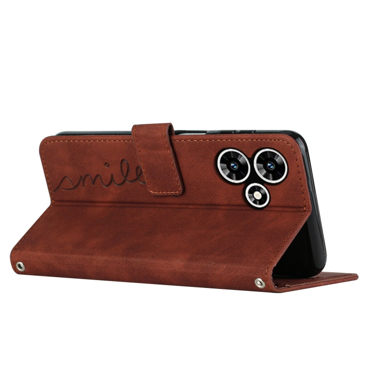 Brown leather flip phone case with heart pattern and camera cutouts